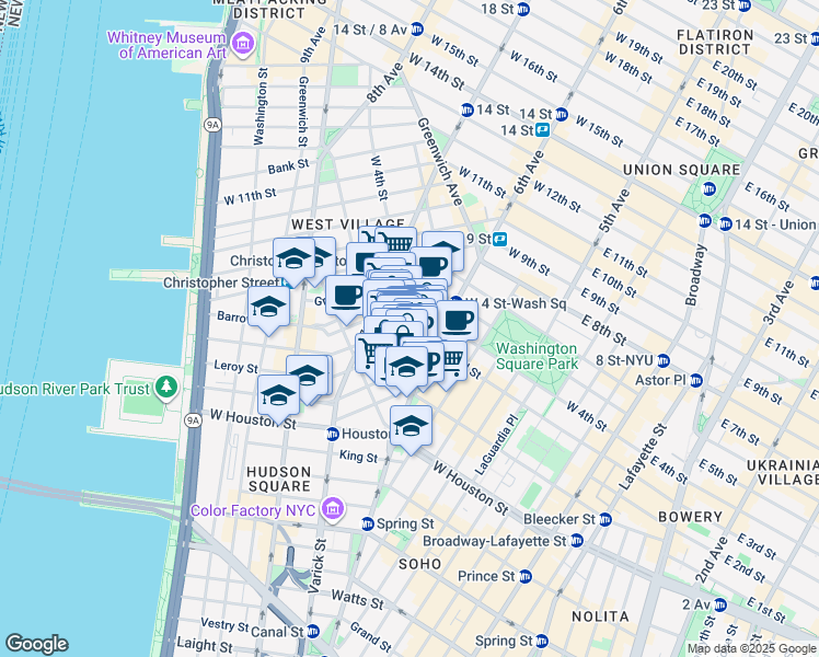 map of restaurants, bars, coffee shops, grocery stores, and more near 249 Bleecker Street in New York