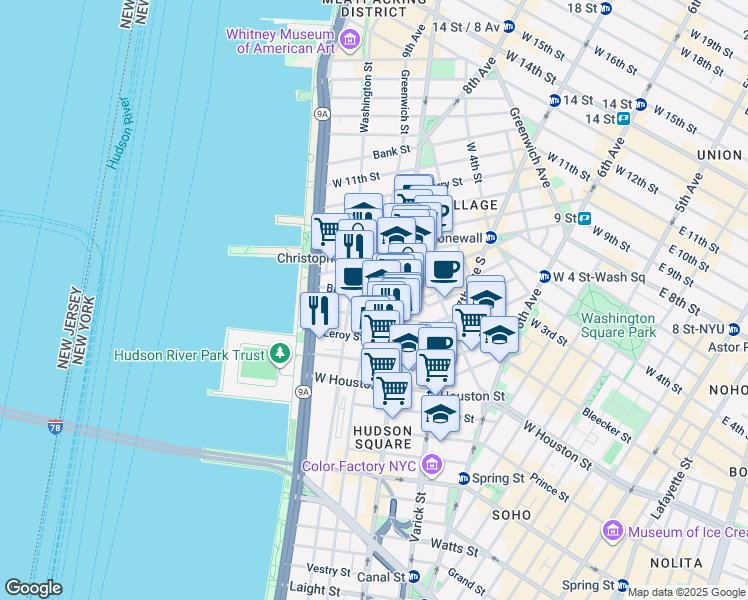 map of restaurants, bars, coffee shops, grocery stores, and more near 6 Morton Street in New York
