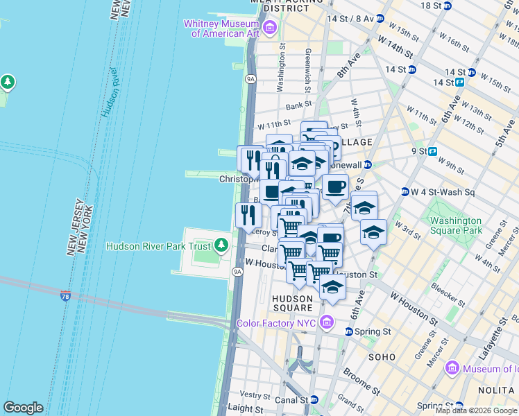 map of restaurants, bars, coffee shops, grocery stores, and more near 100 Morton Street in New York