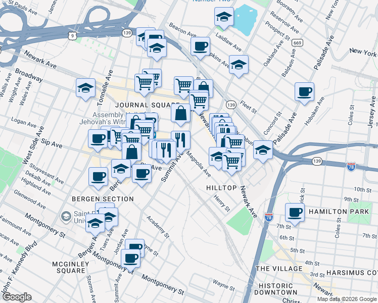 map of restaurants, bars, coffee shops, grocery stores, and more near 121 Magnolia Avenue in Jersey City