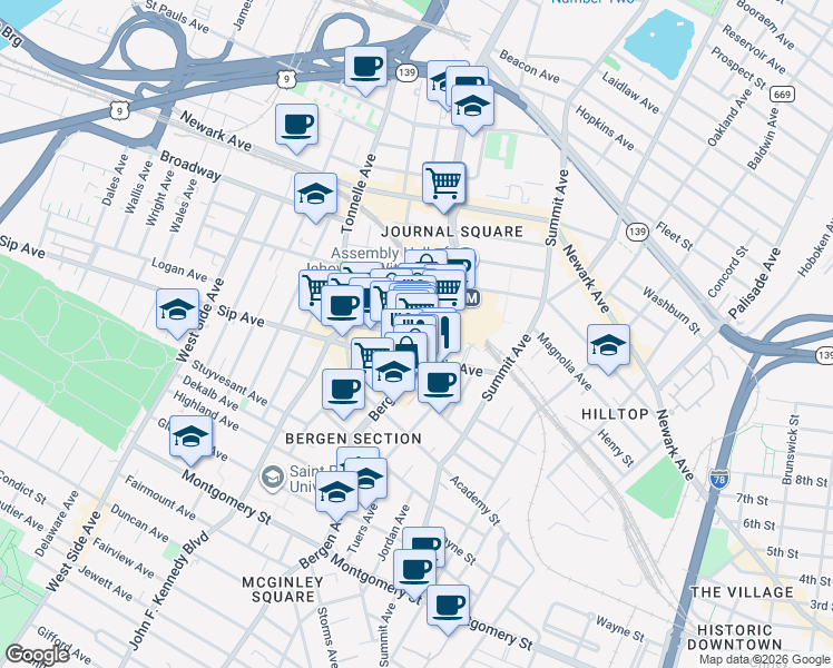 map of restaurants, bars, coffee shops, grocery stores, and more near 41 Journal Square Plaza in Jersey City