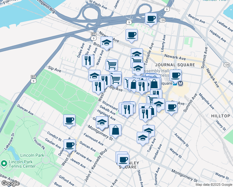 map of restaurants, bars, coffee shops, grocery stores, and more near 21 Van Wagenen Avenue in Jersey City