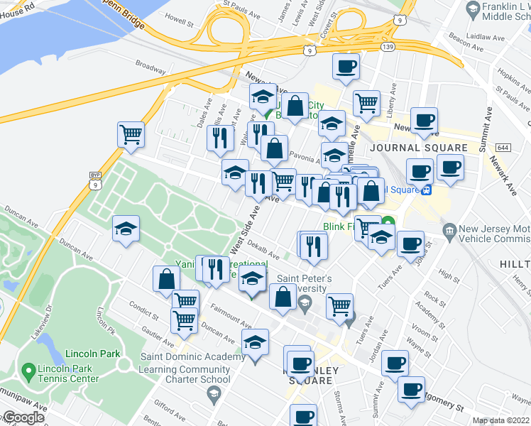 map of restaurants, bars, coffee shops, grocery stores, and more near 916 West Side Avenue in Jersey City