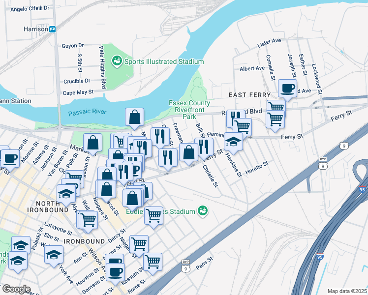 map of restaurants, bars, coffee shops, grocery stores, and more near 63 Freeman Street in Newark