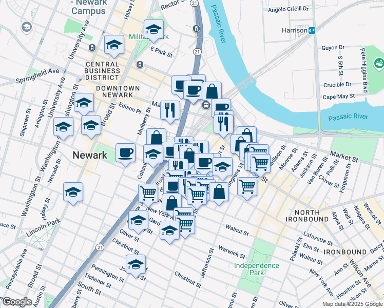 map of restaurants, bars, coffee shops, grocery stores, and more near 58 Bruen Street in Newark