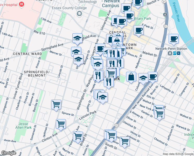 map of restaurants, bars, coffee shops, grocery stores, and more near 17 Court Street in Newark