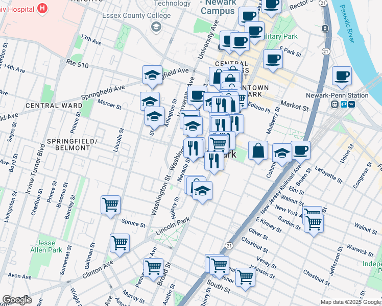 map of restaurants, bars, coffee shops, grocery stores, and more near 60 Nevada Street in Newark