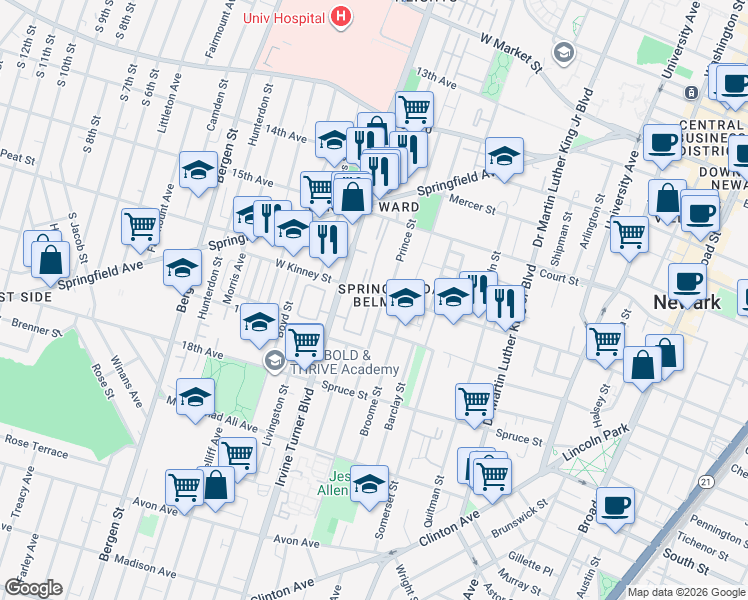 map of restaurants, bars, coffee shops, grocery stores, and more near 41 Martha Court in Newark
