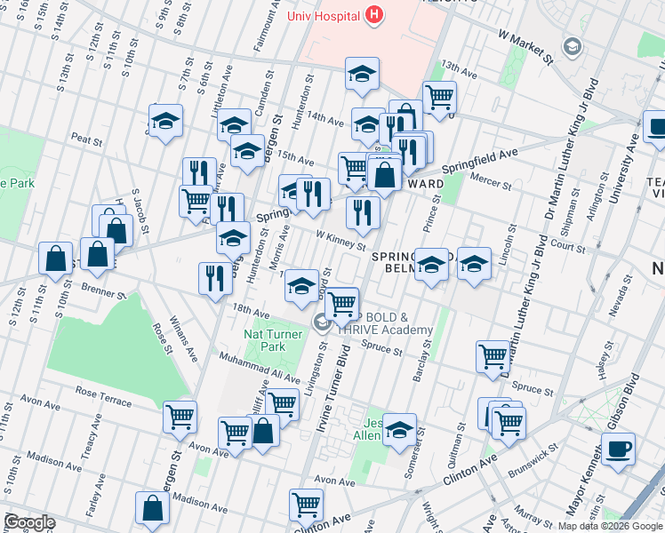 map of restaurants, bars, coffee shops, grocery stores, and more near 82 Boyd Street in Newark