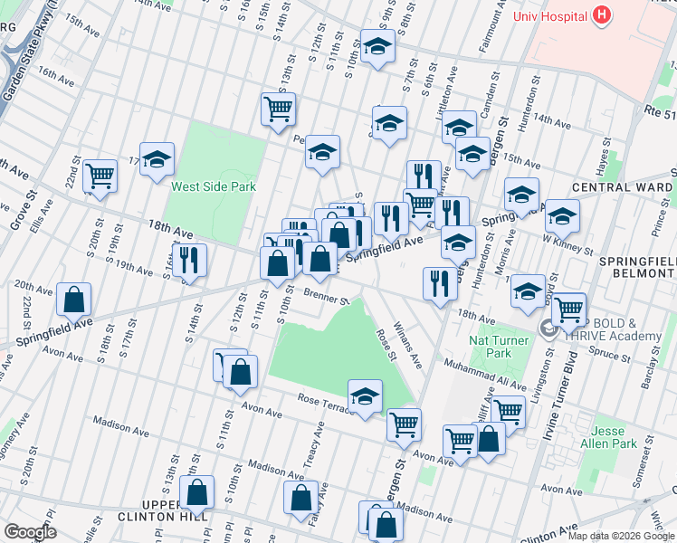 map of restaurants, bars, coffee shops, grocery stores, and more near 10 Kent Street in Newark