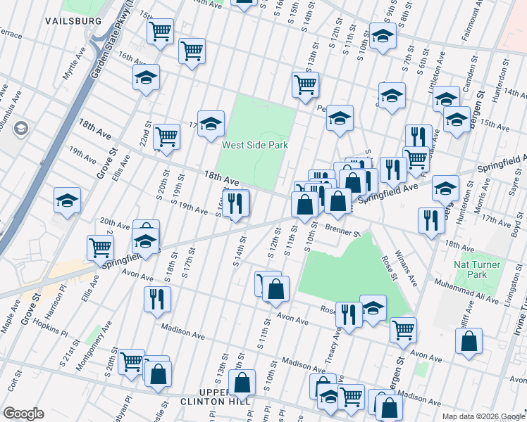 map of restaurants, bars, coffee shops, grocery stores, and more near in Newark