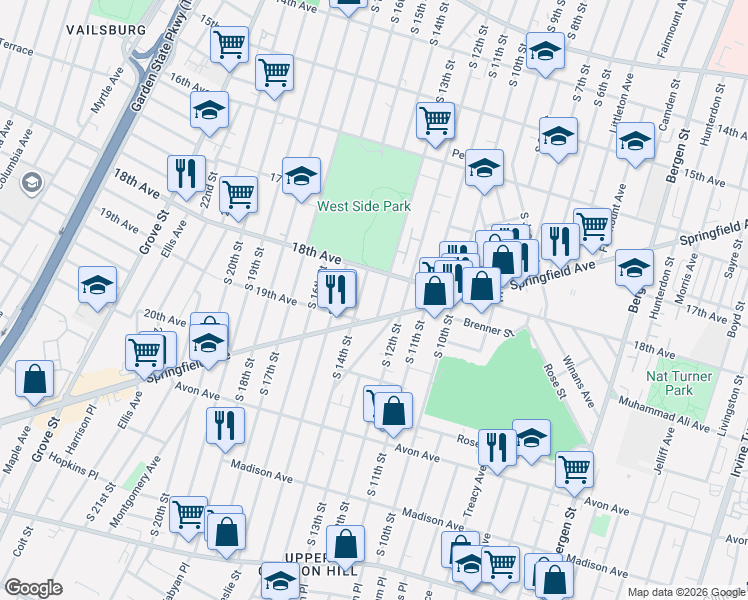 map of restaurants, bars, coffee shops, grocery stores, and more near in Newark