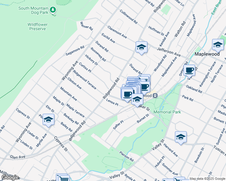 map of restaurants, bars, coffee shops, grocery stores, and more near 123 Baker Street in Maplewood