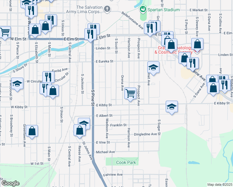 map of restaurants, bars, coffee shops, grocery stores, and more near 640 South Scott Street in Lima