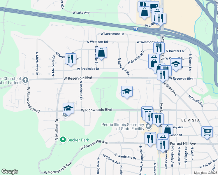 map of restaurants, bars, coffee shops, grocery stores, and more near 3510 North Kingston Drive in Peoria