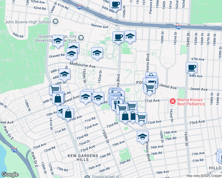 map of restaurants, bars, coffee shops, grocery stores, and more near 70-34 153rd Street in Queens