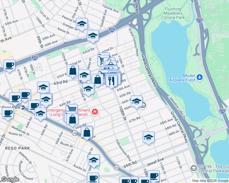 map of restaurants, bars, coffee shops, grocery stores, and more near 65-10 108th Street in Queens