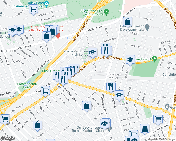 map of restaurants, bars, coffee shops, grocery stores, and more near 229-2 87th Avenue in Queens