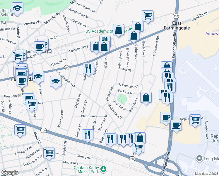 map of restaurants, bars, coffee shops, grocery stores, and more near 50 Walnut Avenue East in Farmingdale