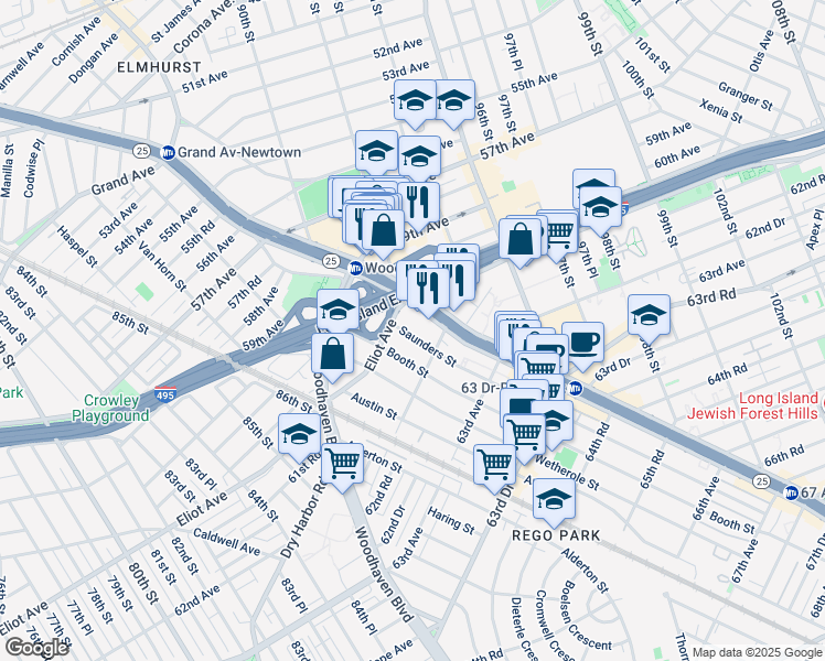 map of restaurants, bars, coffee shops, grocery stores, and more near 98-20 62nd Drive in Queens