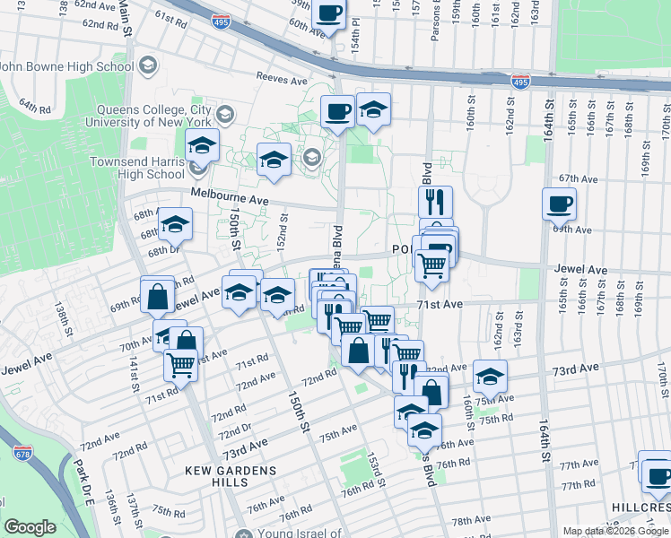 map of restaurants, bars, coffee shops, grocery stores, and more near 70-29 Kissena Boulevard in Queens
