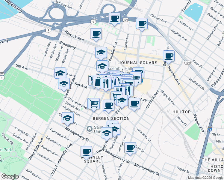 map of restaurants, bars, coffee shops, grocery stores, and more near 20 Tonnelle Avenue in Jersey City