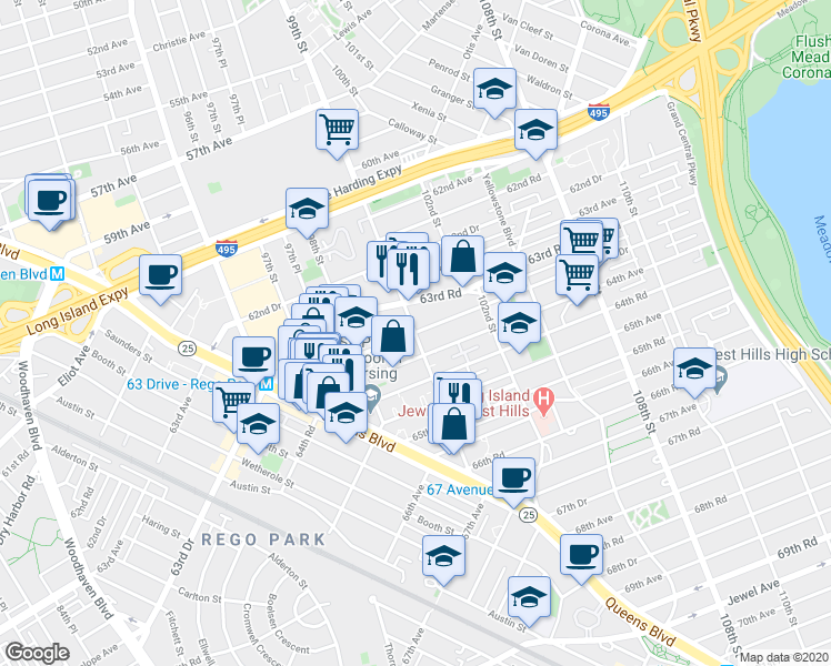 map of restaurants, bars, coffee shops, grocery stores, and more near 99th St in Rego Park
