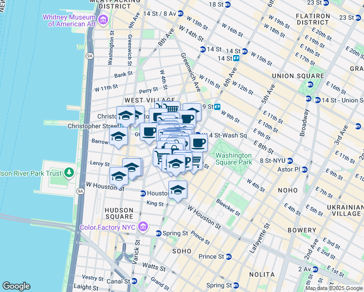 map of restaurants, bars, coffee shops, grocery stores, and more near 15 Cornelia Street in New York