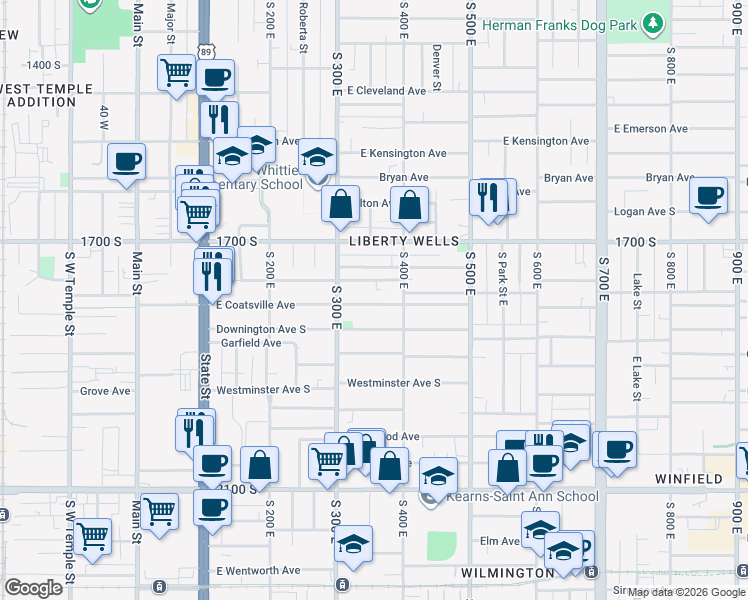 map of restaurants, bars, coffee shops, grocery stores, and more near 361 Downington Avenue South in Salt Lake City