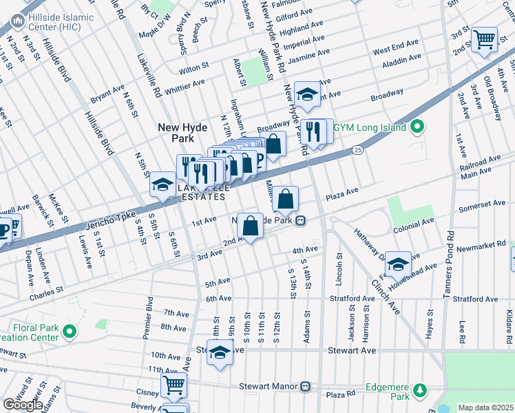 map of restaurants, bars, coffee shops, grocery stores, and more near 1570 1st Avenue in New Hyde Park