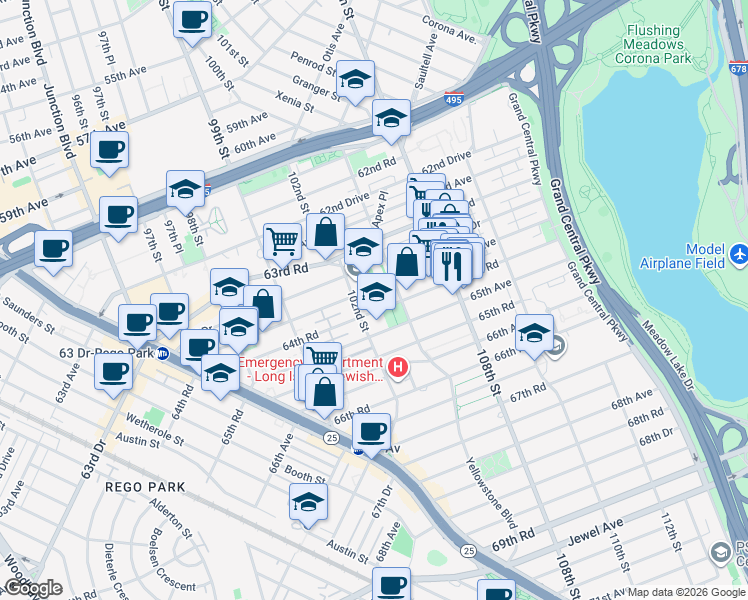 map of restaurants, bars, coffee shops, grocery stores, and more near 64-35 102nd Street in Queens