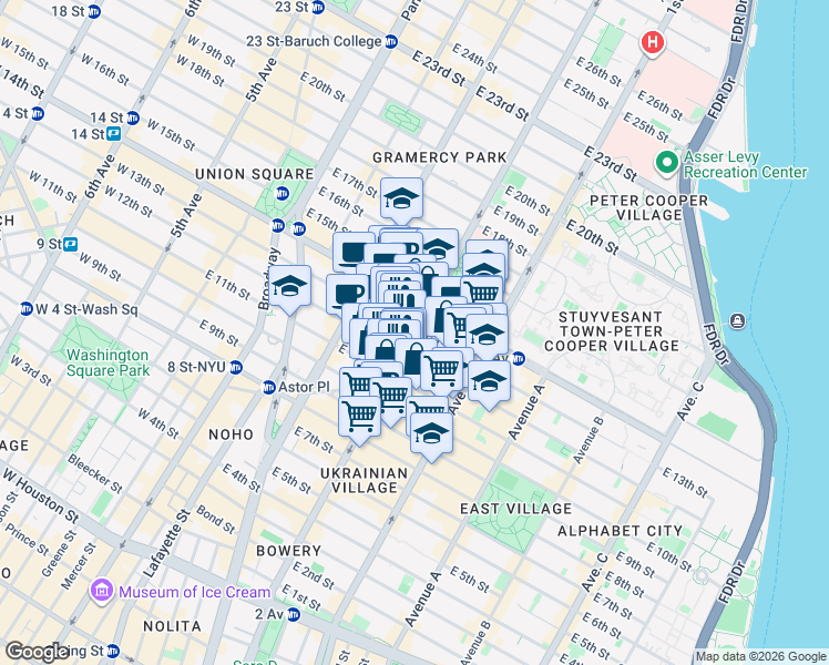 map of restaurants, bars, coffee shops, grocery stores, and more near 2nd Ave & E 13th St in New York