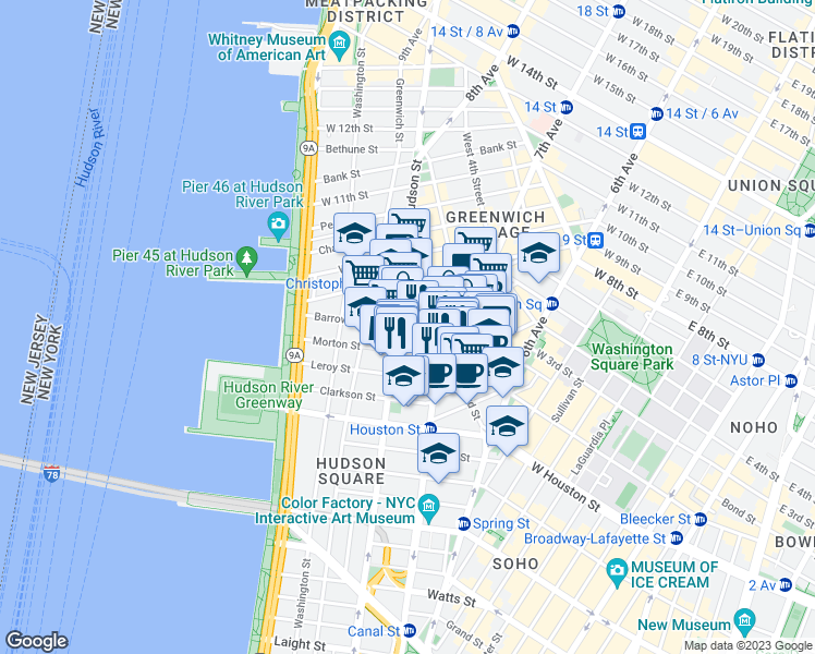 map of restaurants, bars, coffee shops, grocery stores, and more near Barrow St & Commerce St in New York