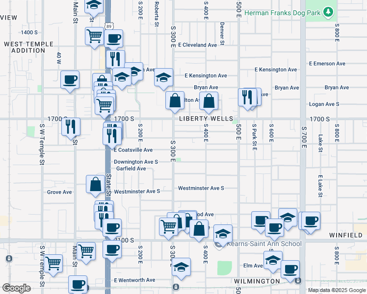 map of restaurants, bars, coffee shops, grocery stores, and more near 327 East Coatsville Avenue in South Salt Lake