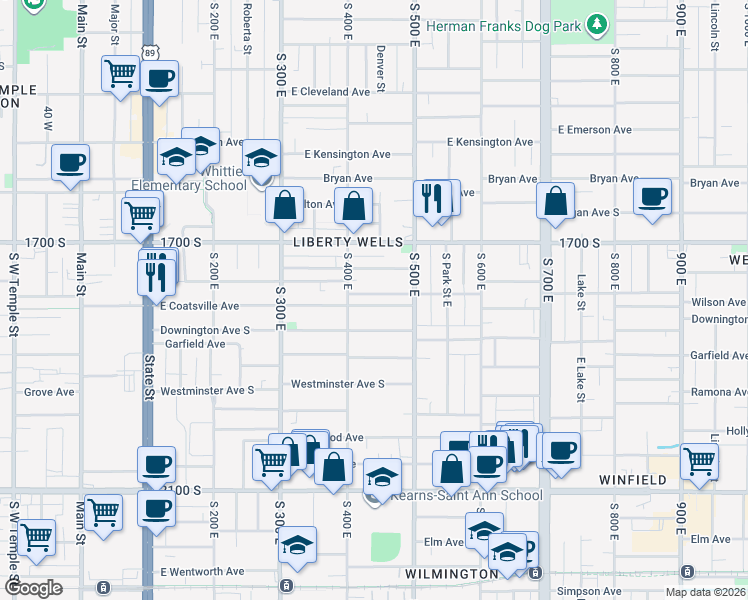map of restaurants, bars, coffee shops, grocery stores, and more near 419 Downington Avenue South in Salt Lake City