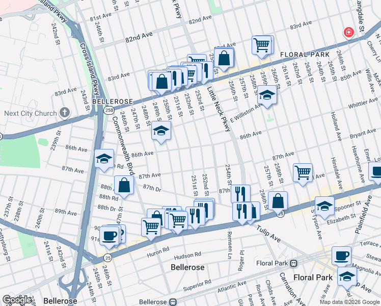 map of restaurants, bars, coffee shops, grocery stores, and more near 86-34 252nd Street in Queens