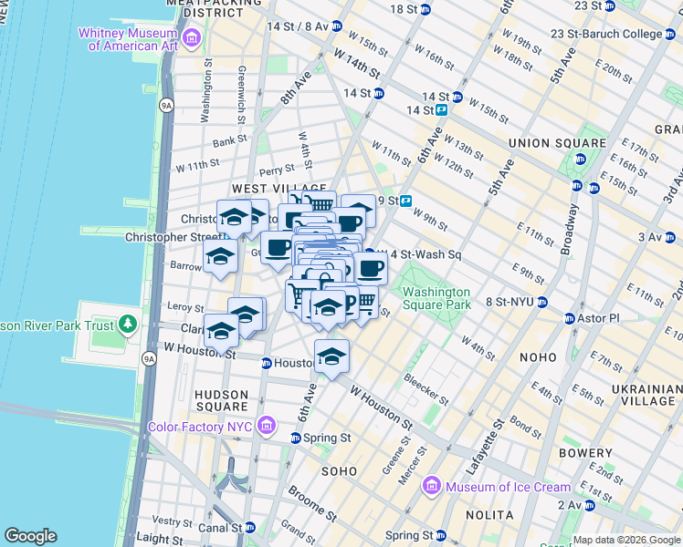 map of restaurants, bars, coffee shops, grocery stores, and more near 13 Cornelia Street in New York