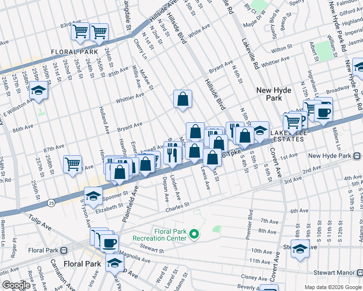 map of restaurants, bars, coffee shops, grocery stores, and more near 16 Barwick Street in Floral Park