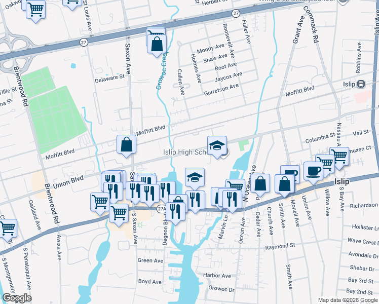 map of restaurants, bars, coffee shops, grocery stores, and more near in Islip