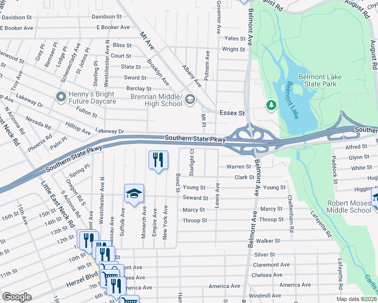 map of restaurants, bars, coffee shops, grocery stores, and more near 14 Starlight Court in West Babylon