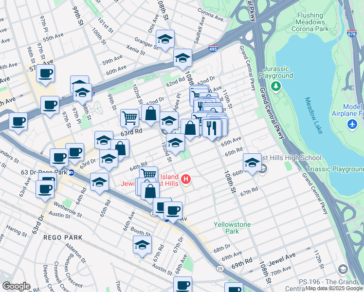 map of restaurants, bars, coffee shops, grocery stores, and more near 64-35 102nd Street in Queens