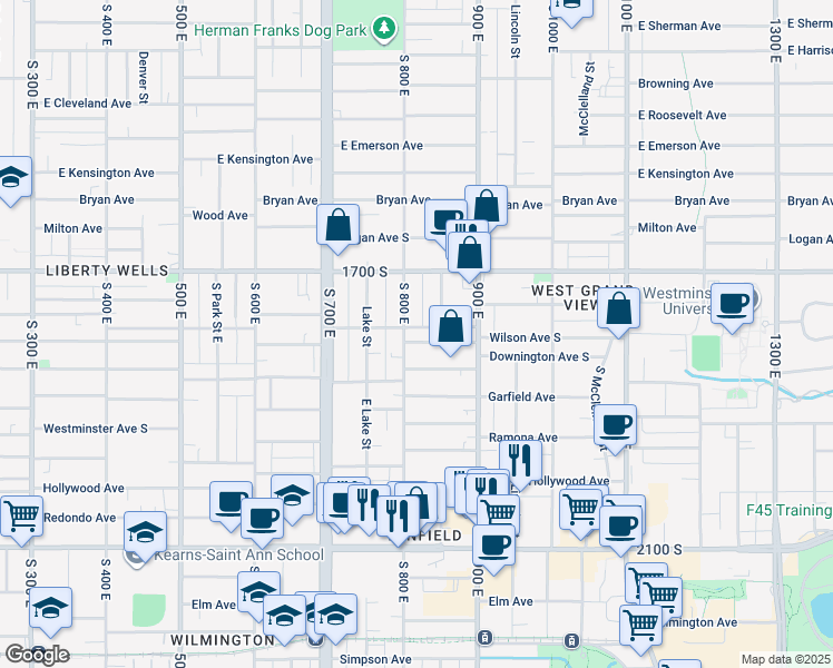 map of restaurants, bars, coffee shops, grocery stores, and more near 811 Coatsville Avenue South in Salt Lake City