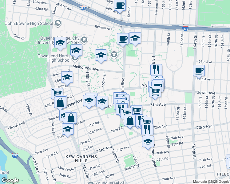 map of restaurants, bars, coffee shops, grocery stores, and more near 70-34 153rd Street in Queens