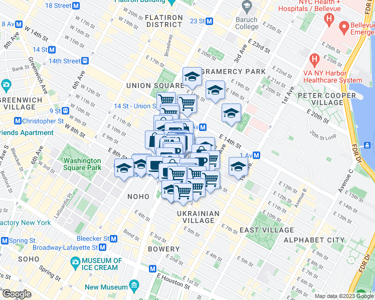 map of restaurants, bars, coffee shops, grocery stores, and more near 201 East 11th Street in New York