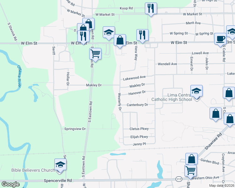 map of restaurants, bars, coffee shops, grocery stores, and more near 836 Westerly Dr in Lima