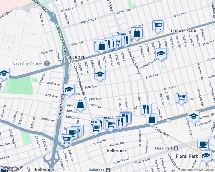 map of restaurants, bars, coffee shops, grocery stores, and more near 86-28 250th Street in Queens