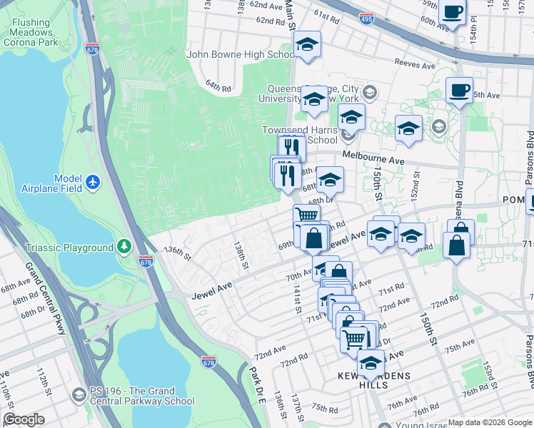 map of restaurants, bars, coffee shops, grocery stores, and more near 138-50 68th Drive in Queens