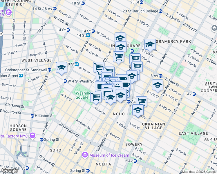 map of restaurants, bars, coffee shops, grocery stores, and more near 30 East 9th Street in New York