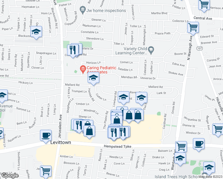 map of restaurants, bars, coffee shops, grocery stores, and more near 26 Wagon Lane in Levittown