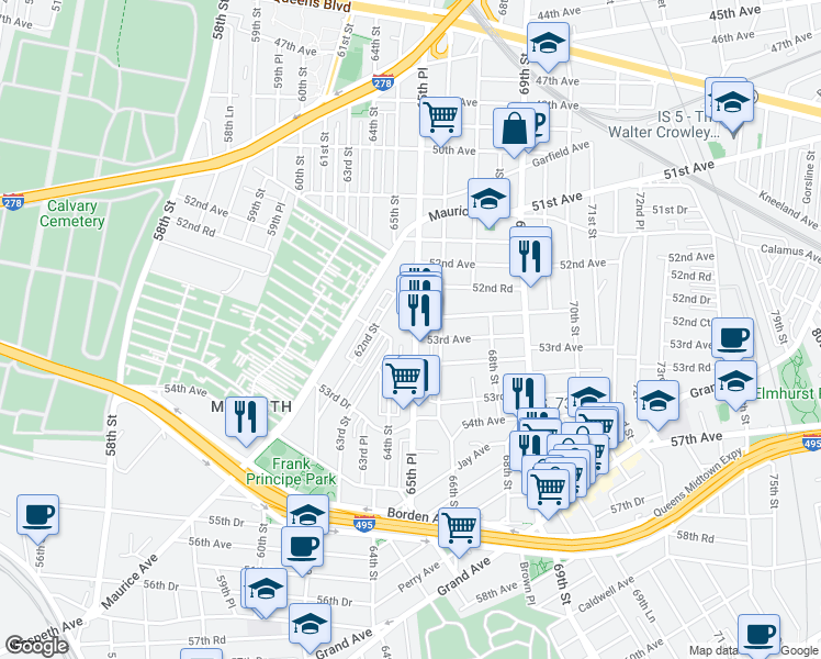 map of restaurants, bars, coffee shops, grocery stores, and more near 5314 65th Place in Queens